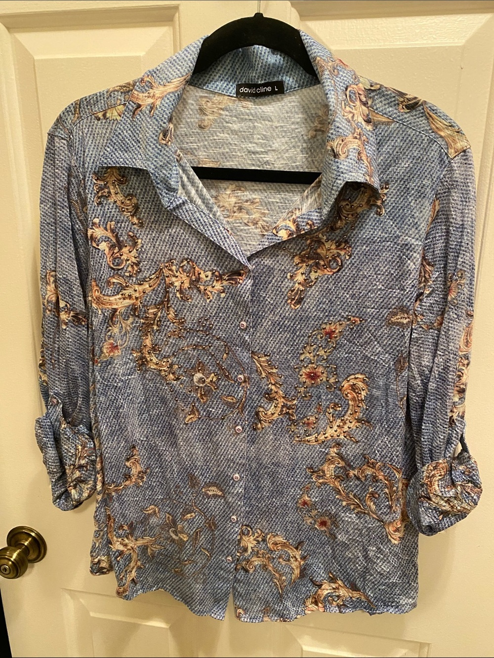 David Cline Blue Paisley Button-Front Shirt with Gold Accents